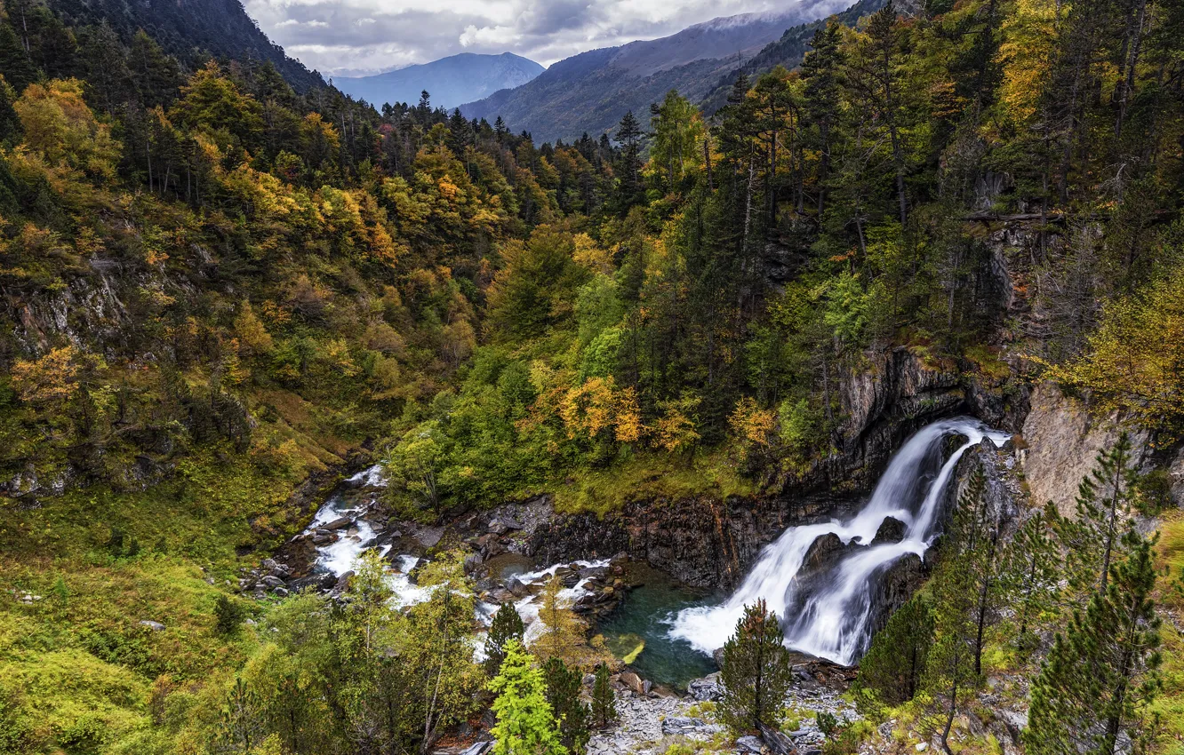 Photo wallpaper autumn, forest, mountains, waterfall, slope