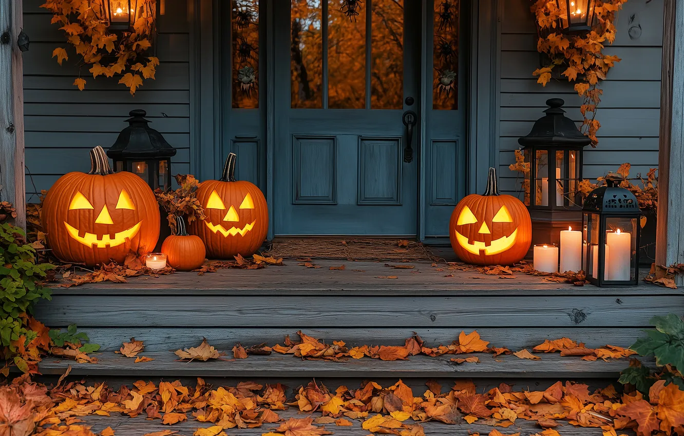 Photo wallpaper autumn, decoration, lights, holiday, foliage, home, candles, the door