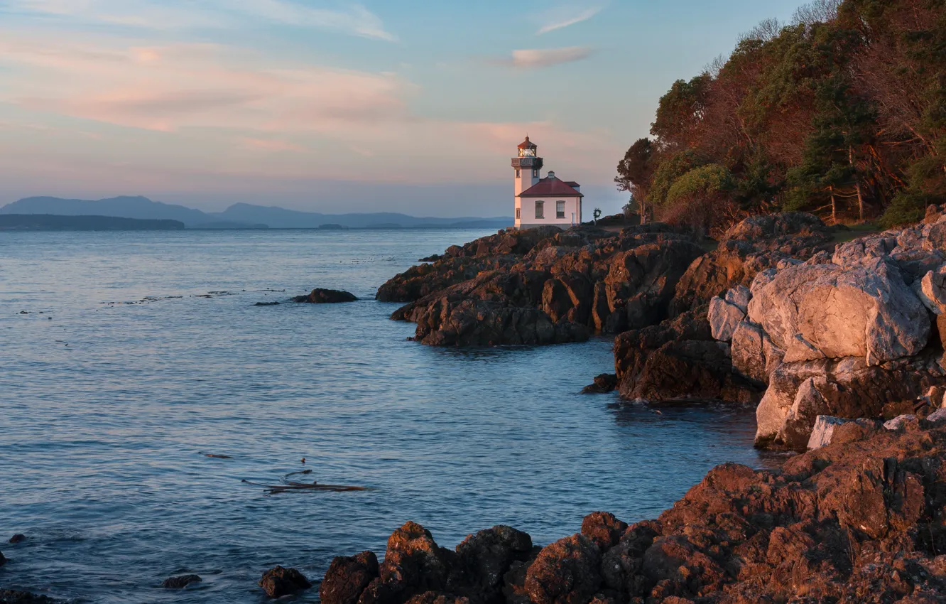 Photo wallpaper United States, sea, sunset, Washington, Lime Kiln Lighthouse