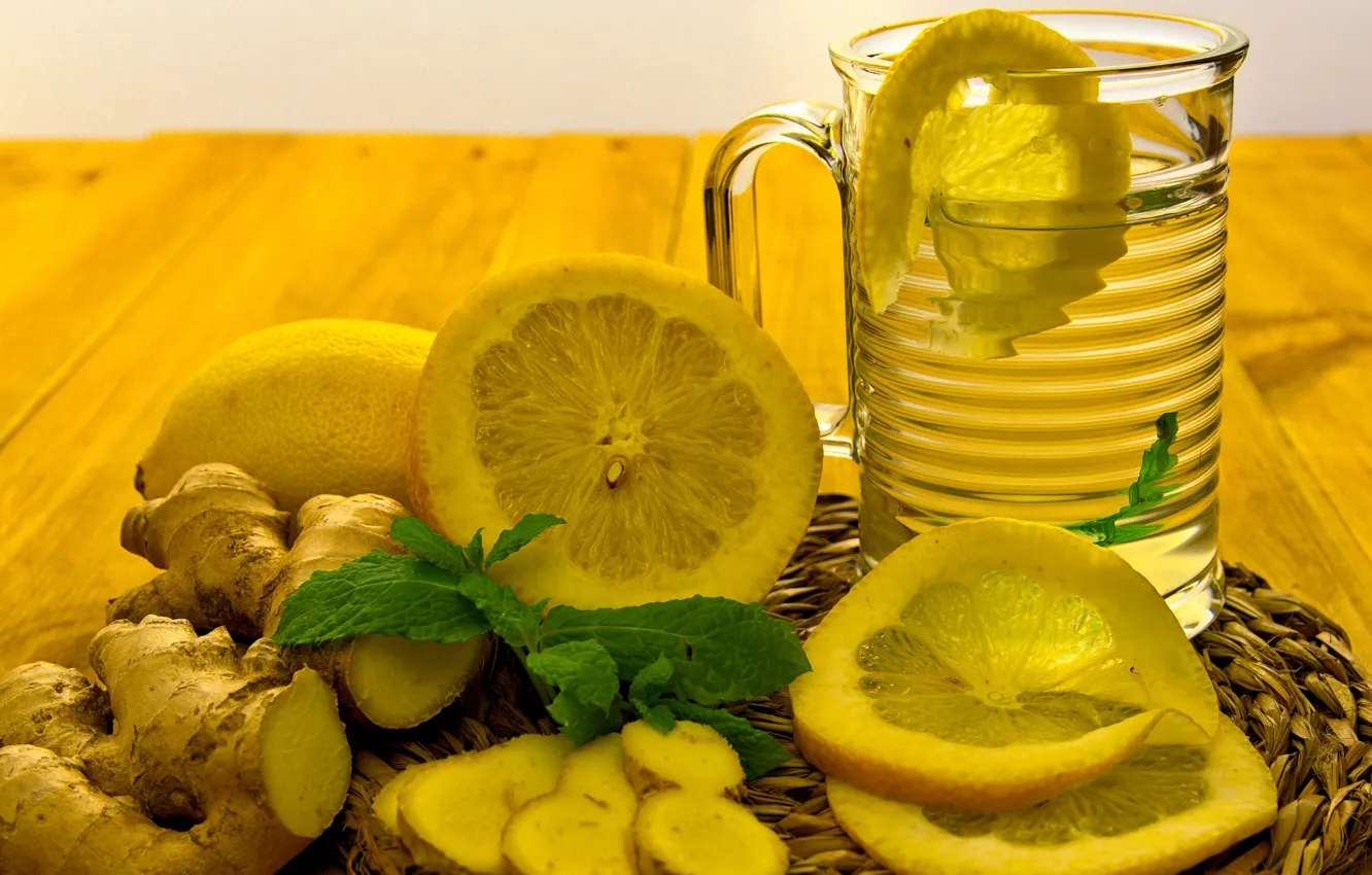 Photo wallpaper glass, lemon, tea, mug, drink, mint, cutting, ginger
