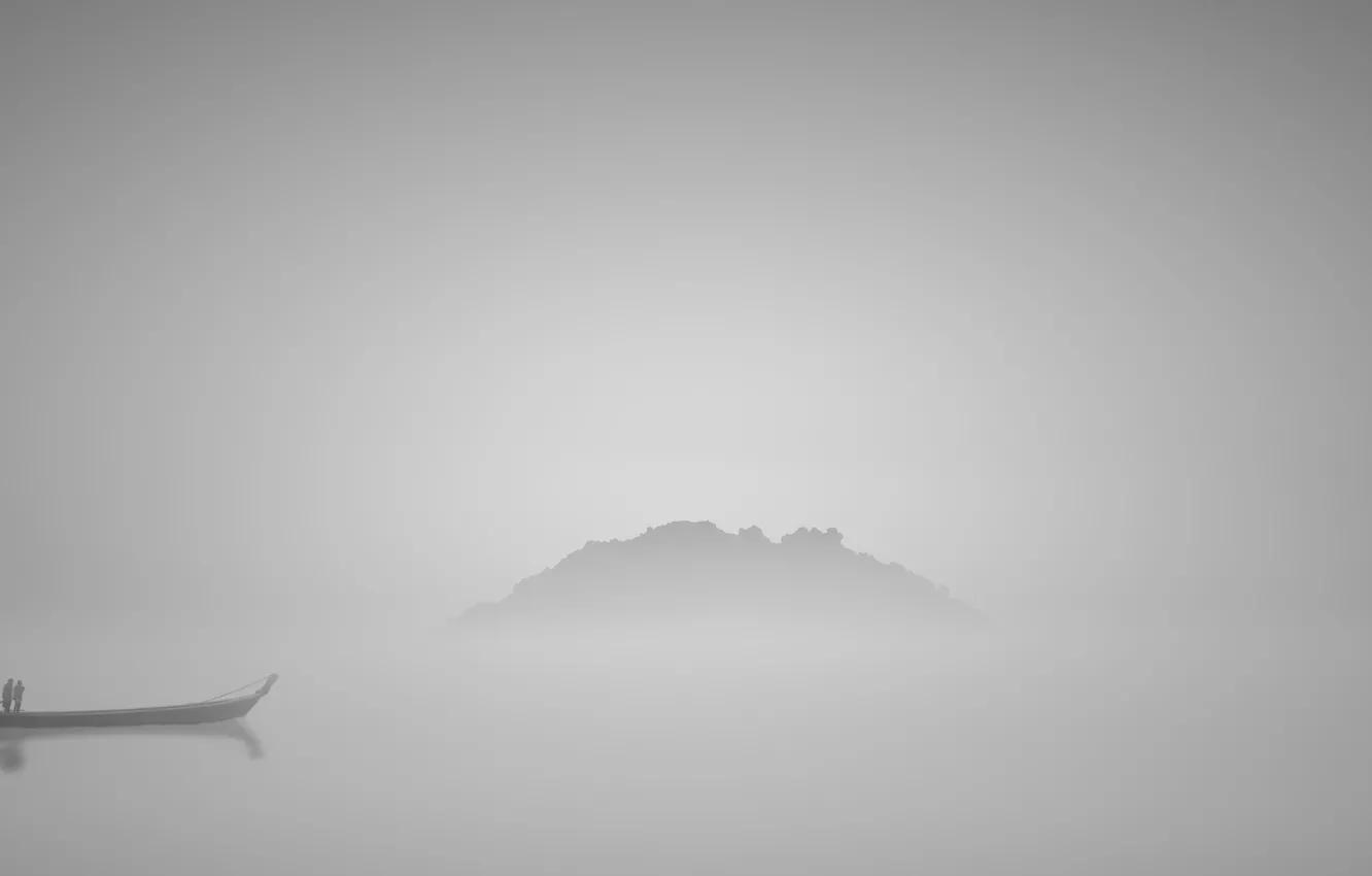 Photo wallpaper fog, boat, island