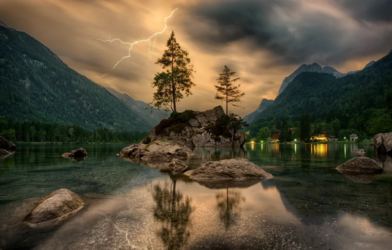Photo wallpaper trees, mountains, rock, lightning