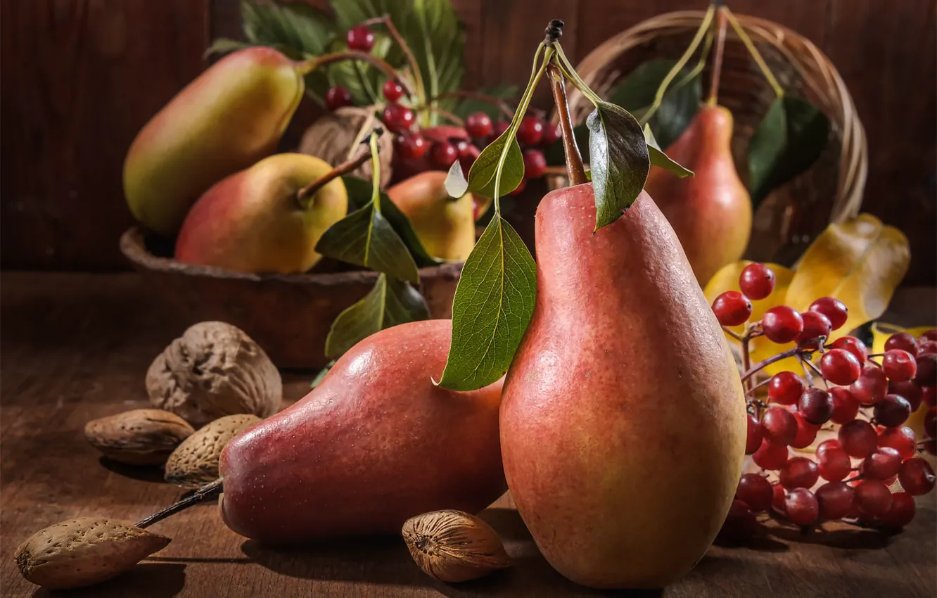 Photo wallpaper leaves, macro, light, table, pink, bowl, fruit, nuts