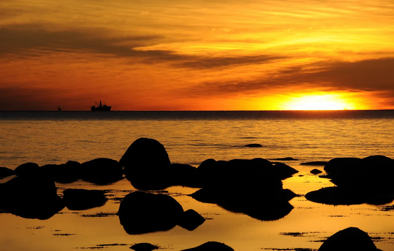 Photo wallpaper sea, the sky, clouds, sunset, stones, ship, silhouette