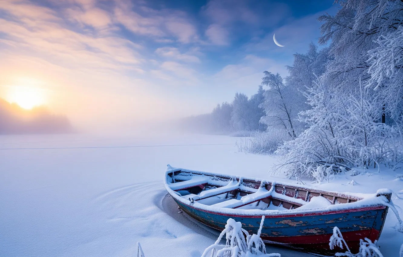 Photo wallpaper winter, snow, lake, boat, art