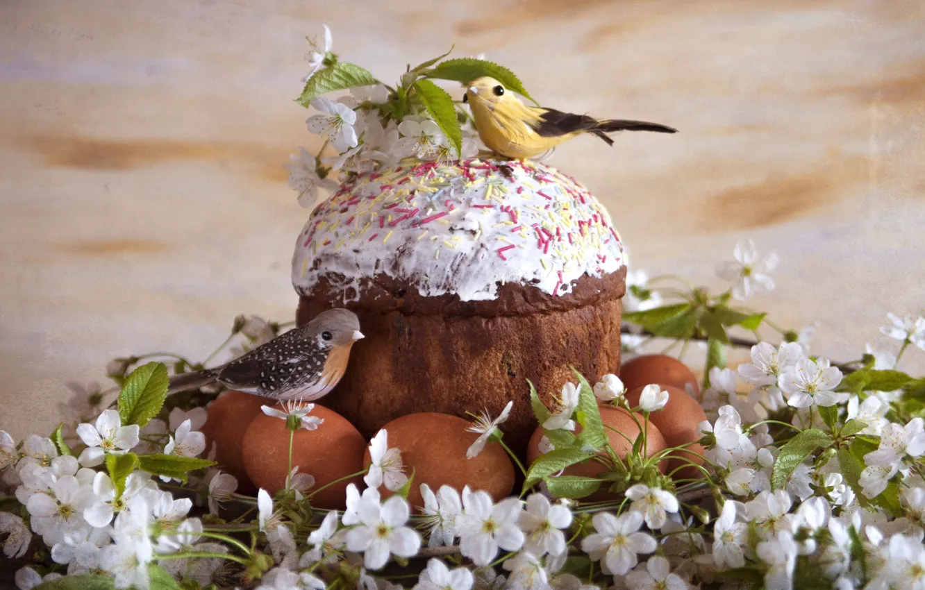 Photo wallpaper cherry, Easter, birds, cake, glaze, eggs