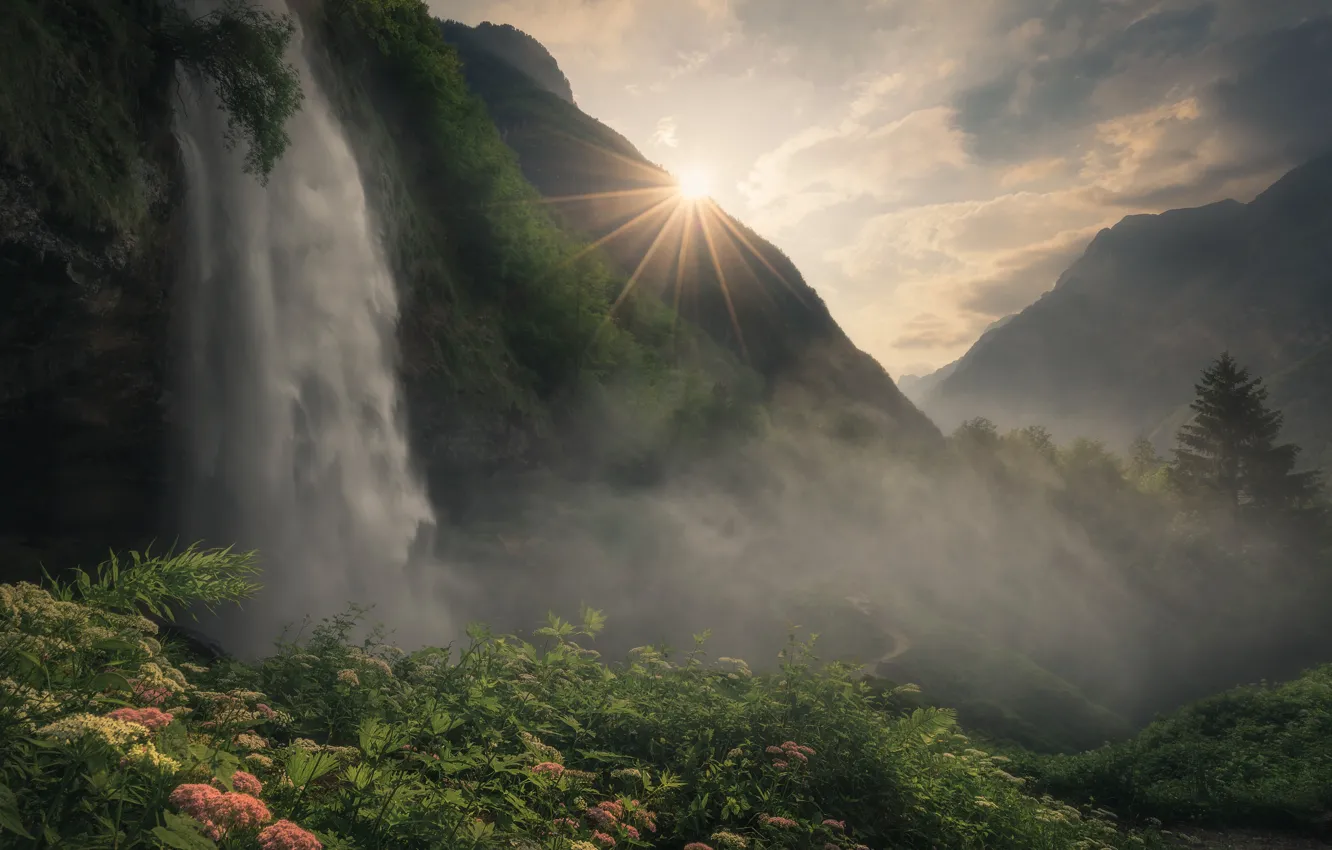 Photo wallpaper the sun, rays, landscape, mountains, nature, vegetation, waterfall