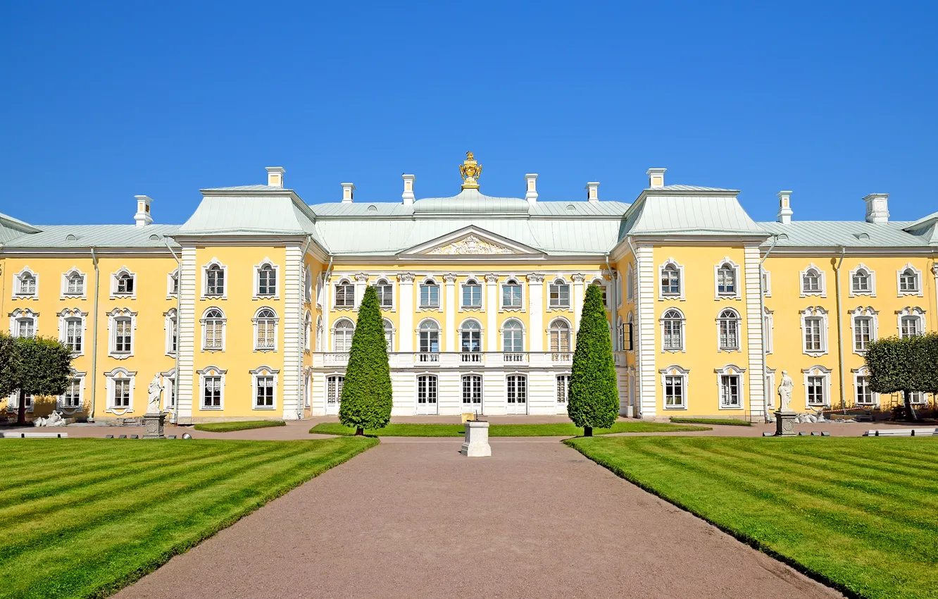 Photo wallpaper lawn, track, Saint Petersburg, sculpture, Russia, Palace, Peterhof