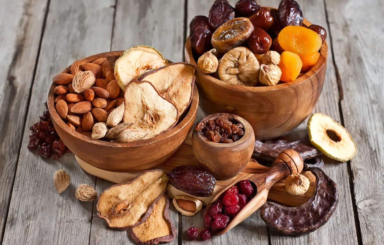 Photo wallpaper cherry, Apple, pear, almonds, raisins, figs, dried apricots, dried fruits
