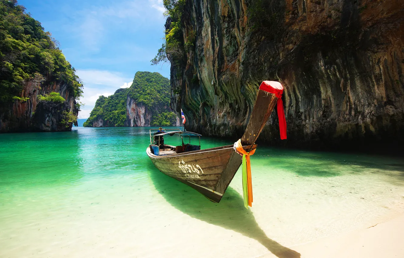 Photo wallpaper sand, sea, beach, landscape, rocks, boat, Thailand, Phuket