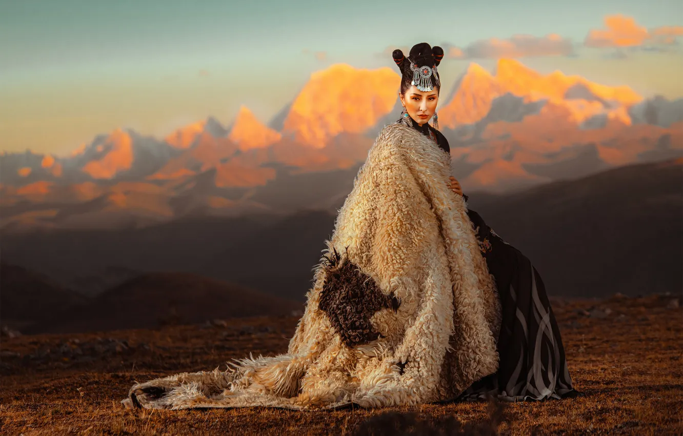Photo wallpaper field, the sky, look, girl, light, decoration, mountains, nature