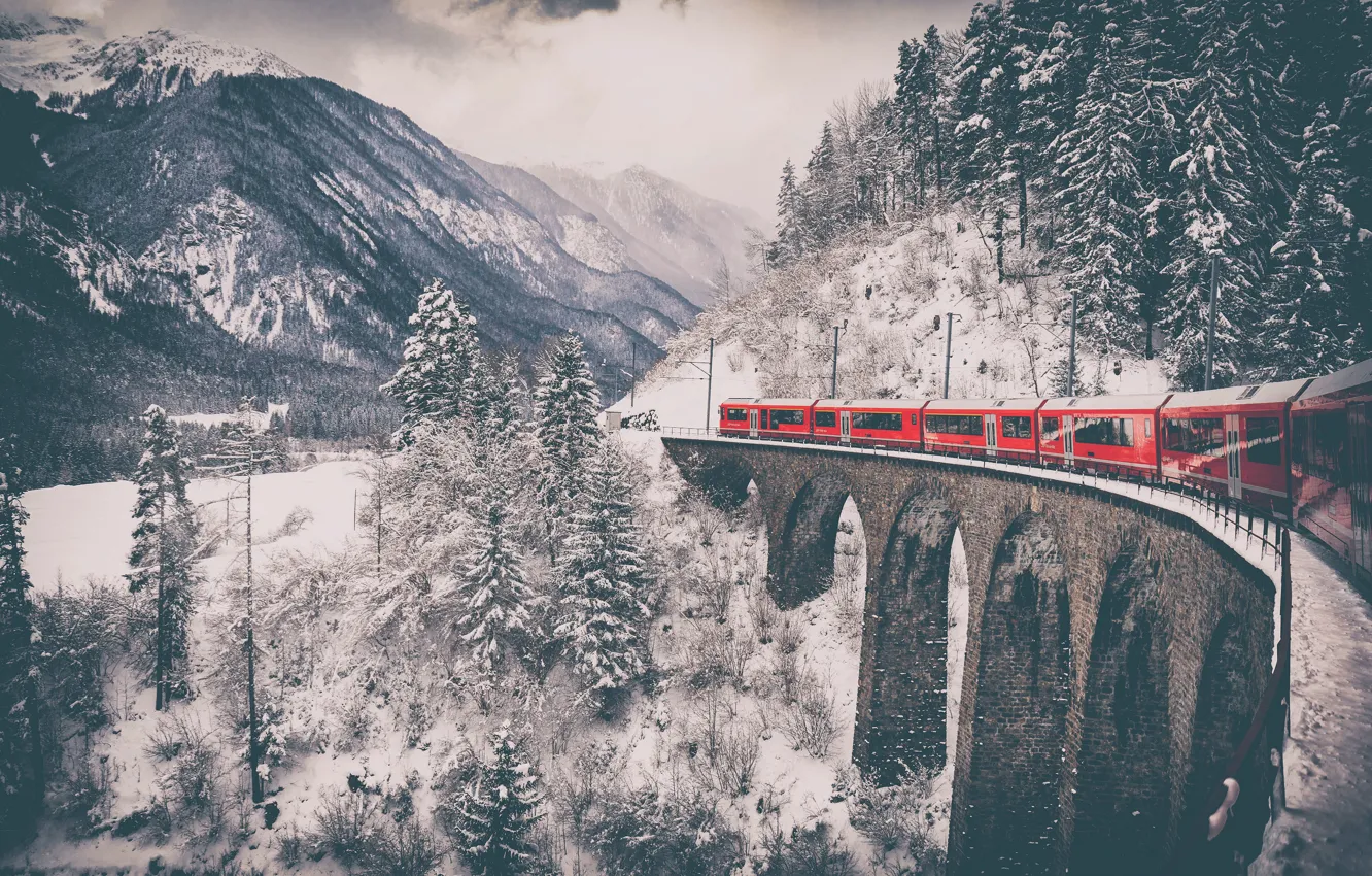 Photo wallpaper winter, forest, snow, mountains, red, bridge, view, train