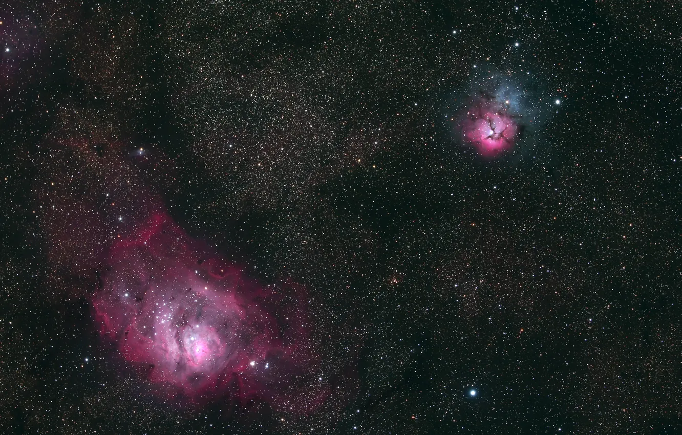 Photo wallpaper glow, stars, Laguna, Tripartite, two very famous nebulae in the constellation Sagittarius