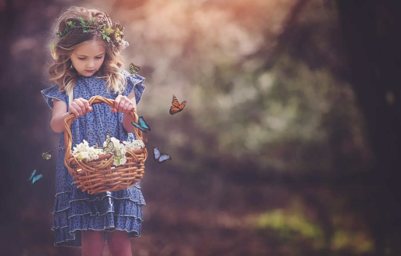 Photo wallpaper flowers, nature, children, butterfly, basket, dress, girl, curls