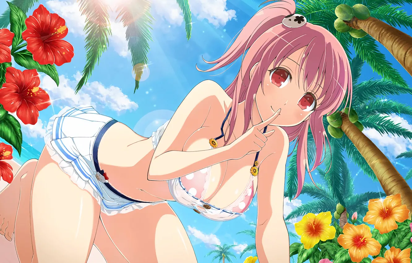 Photo wallpaper girl, sexy, cleavage, beach, dead or alive, pink hair, long hair, boobs