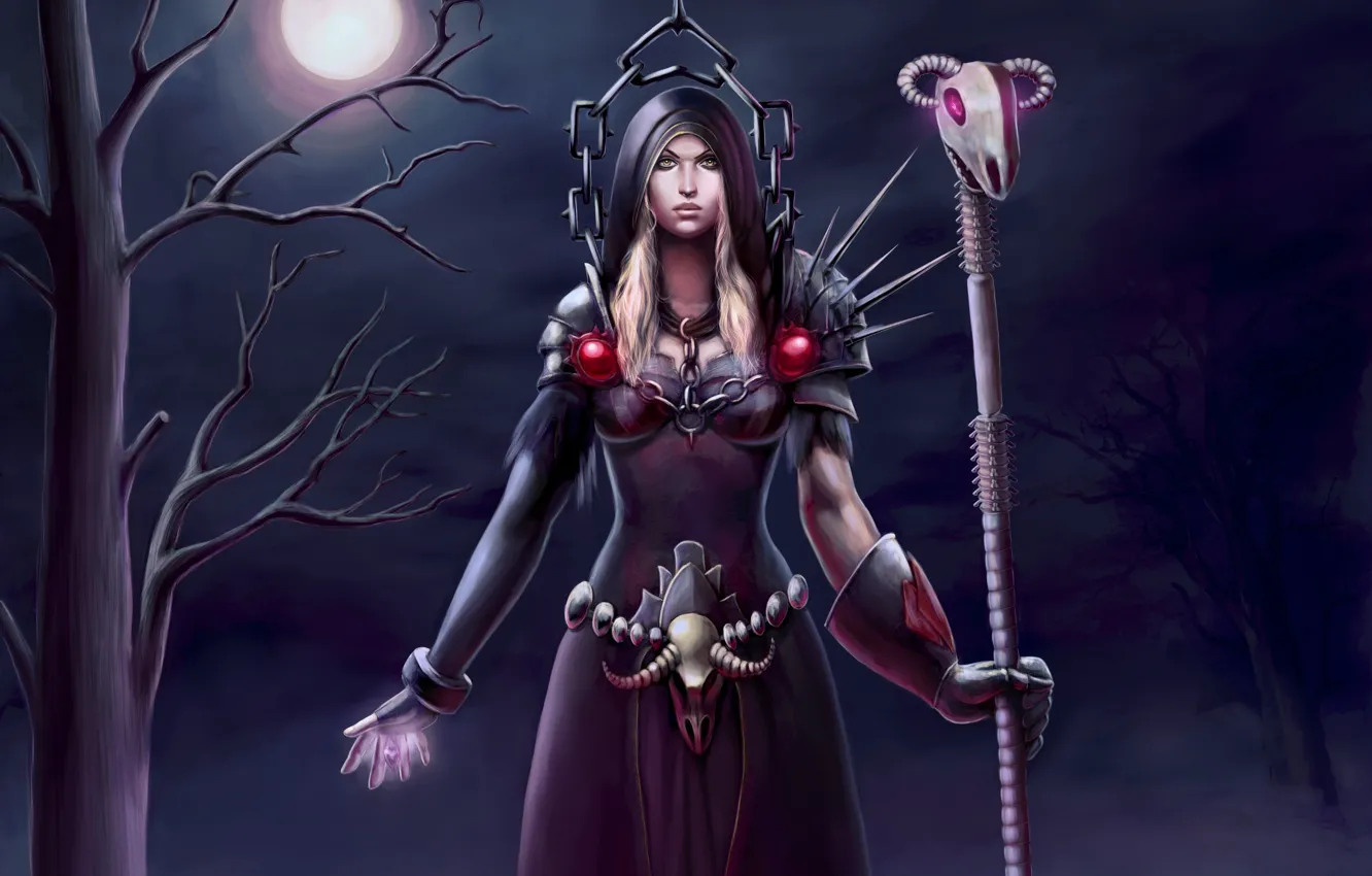 Photo wallpaper girl, trees, night, the moon, art, staff, World of Warcraft, warlock