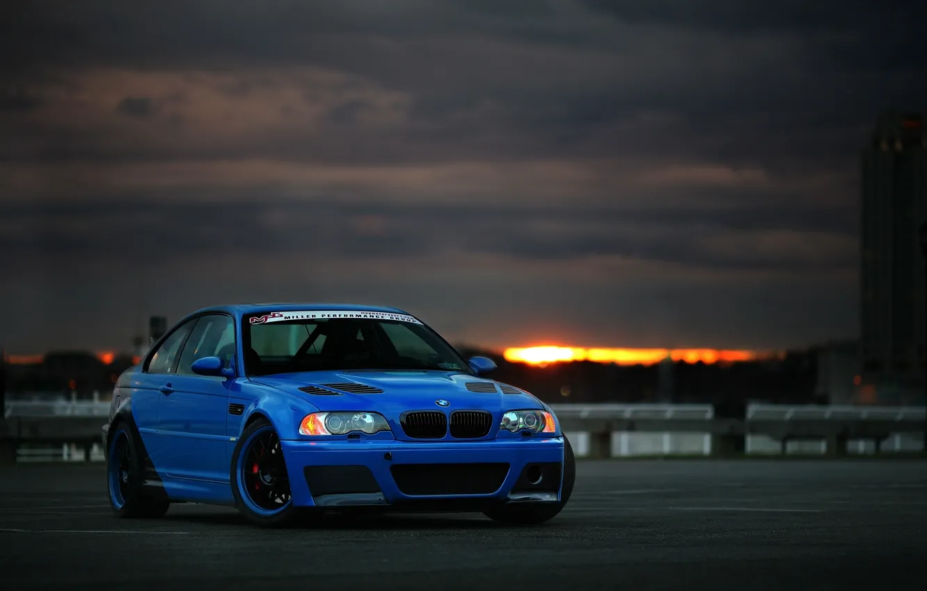 Photo wallpaper the sky, sunset, blue, clouds, bmw, BMW, blue, e46