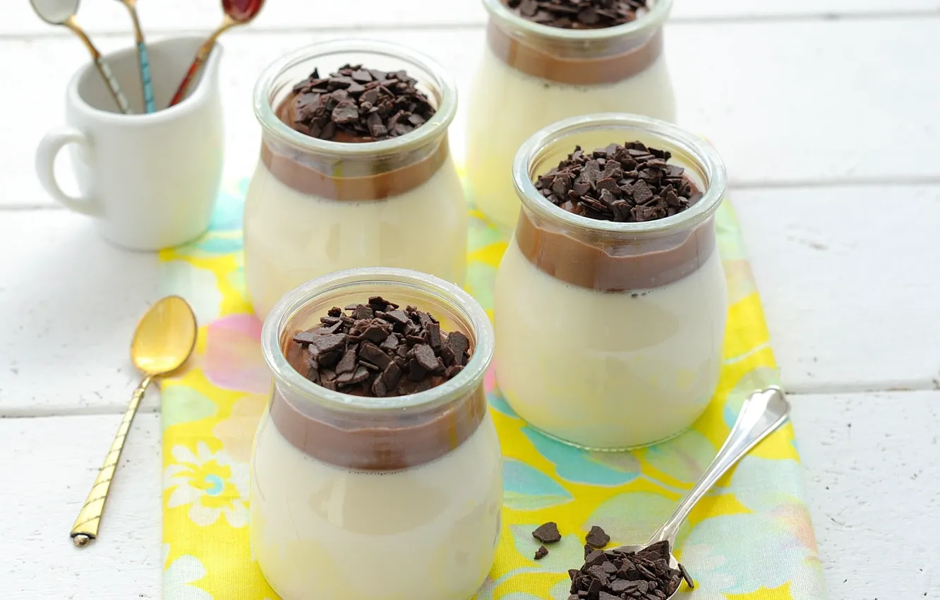 Photo wallpaper chocolate, spoon, dessert, baby, Panna cotta