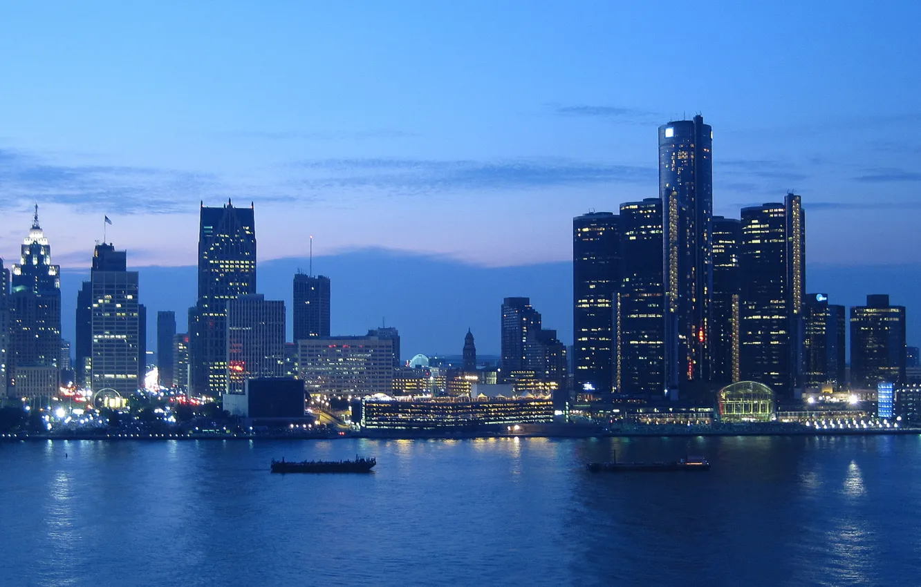 Photo wallpaper the city, lights, building, skyscrapers, the evening, Detroit, detrojt