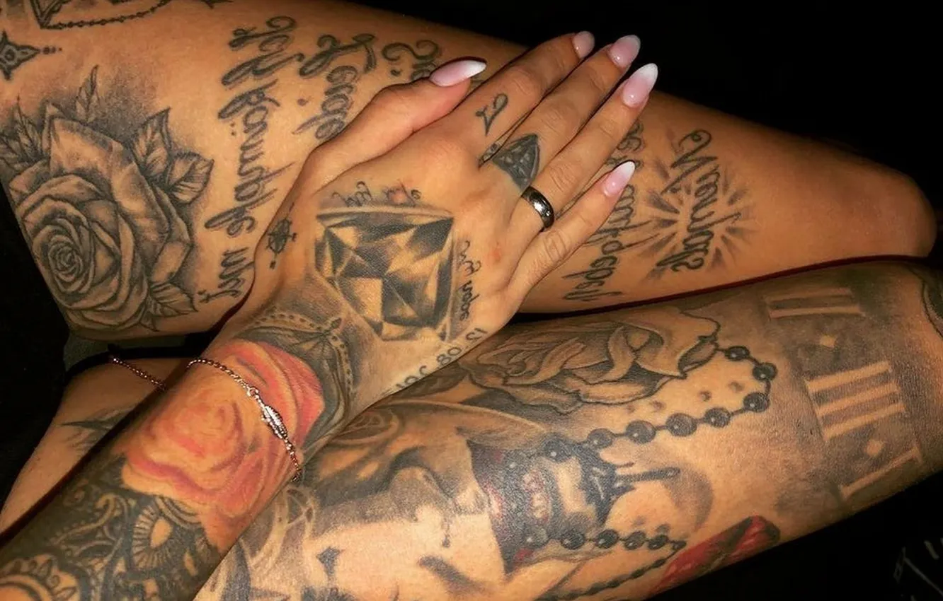 Photo wallpaper girl, tattoo, manicure, slender legs, the tattoo on the arm, a chain on his arm, …