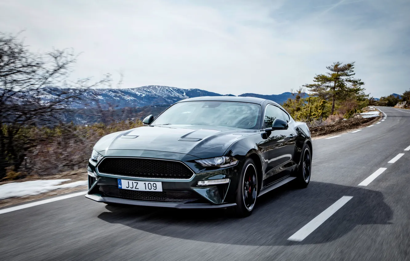 Photo wallpaper road, the sky, Ford, 2018, V8, Mustang Bullitt, 5.0 L., 460 HP