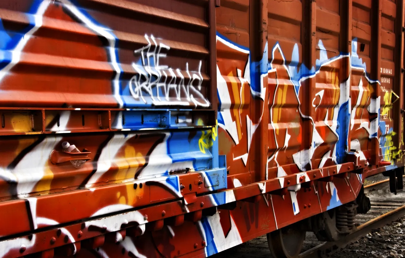 Photo wallpaper graffiti, train, cars