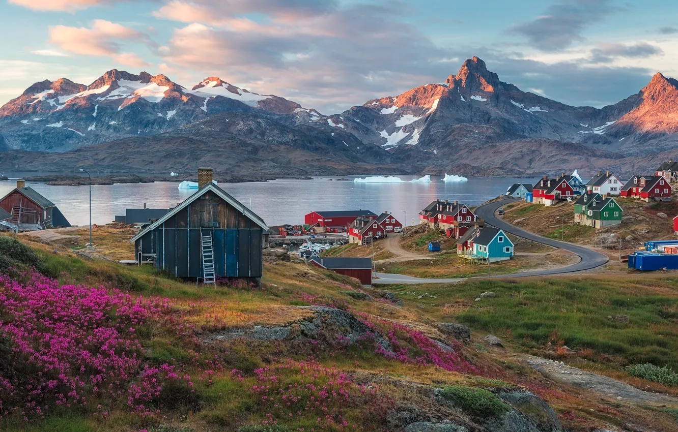 Photo wallpaper sea, mountains, home, the village, Greenland