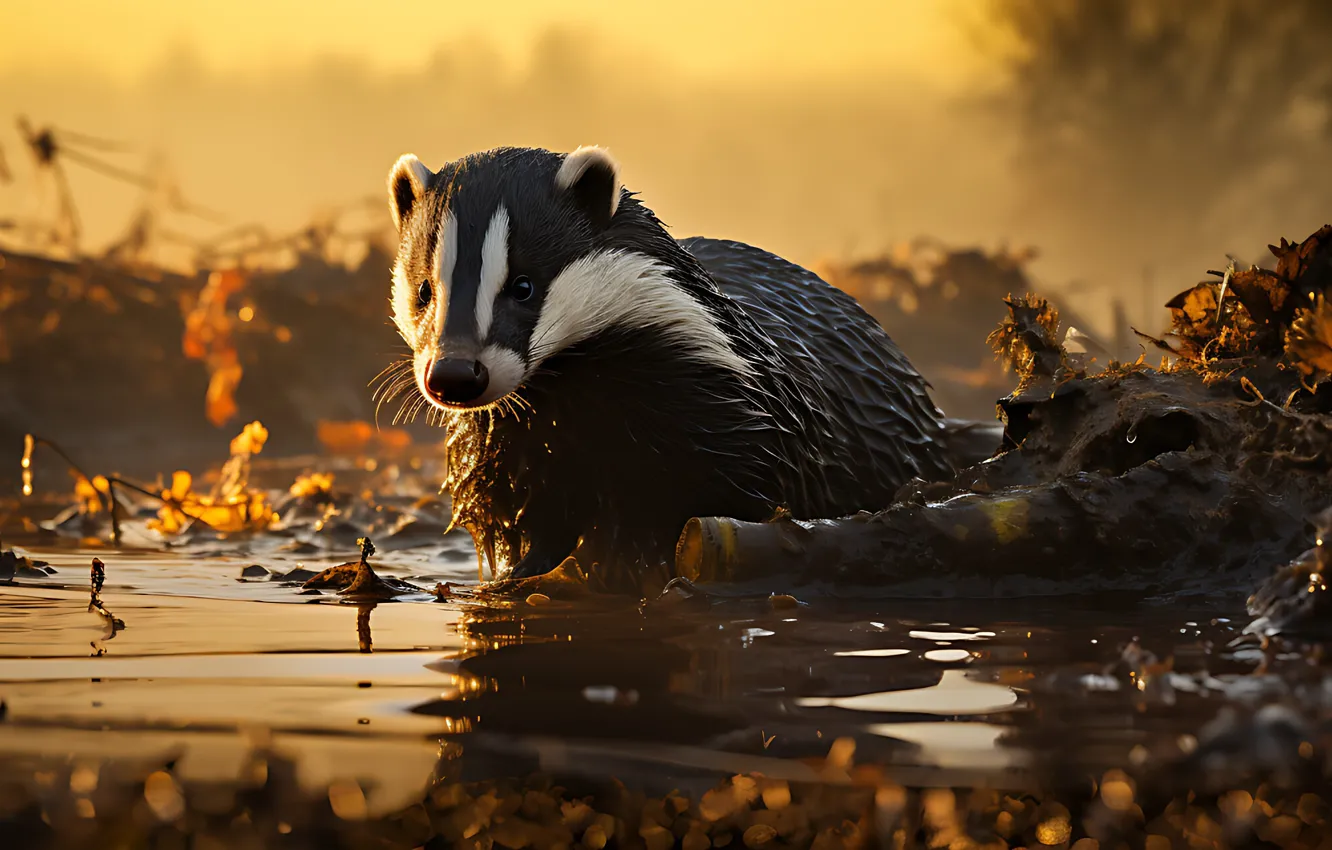 Photo wallpaper light, bathing, pond, badger, AI art, The Art of Artificial Intelligence, neural network