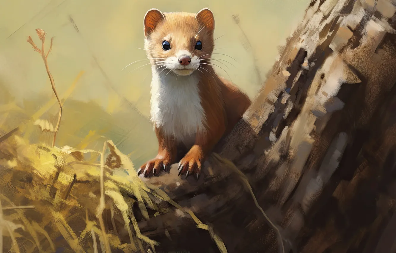 Photo wallpaper look, trees, branches, painting, face, marten, AI art, neural network