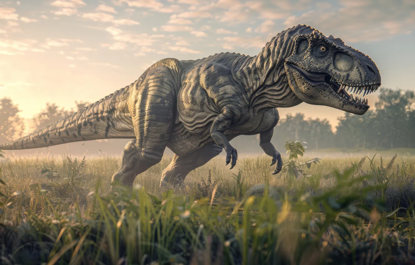 Photo wallpaper grass, animal, dawn, dinosaur, predator, Tyrannosaurus, digital art, Tyrannosaurus Rex