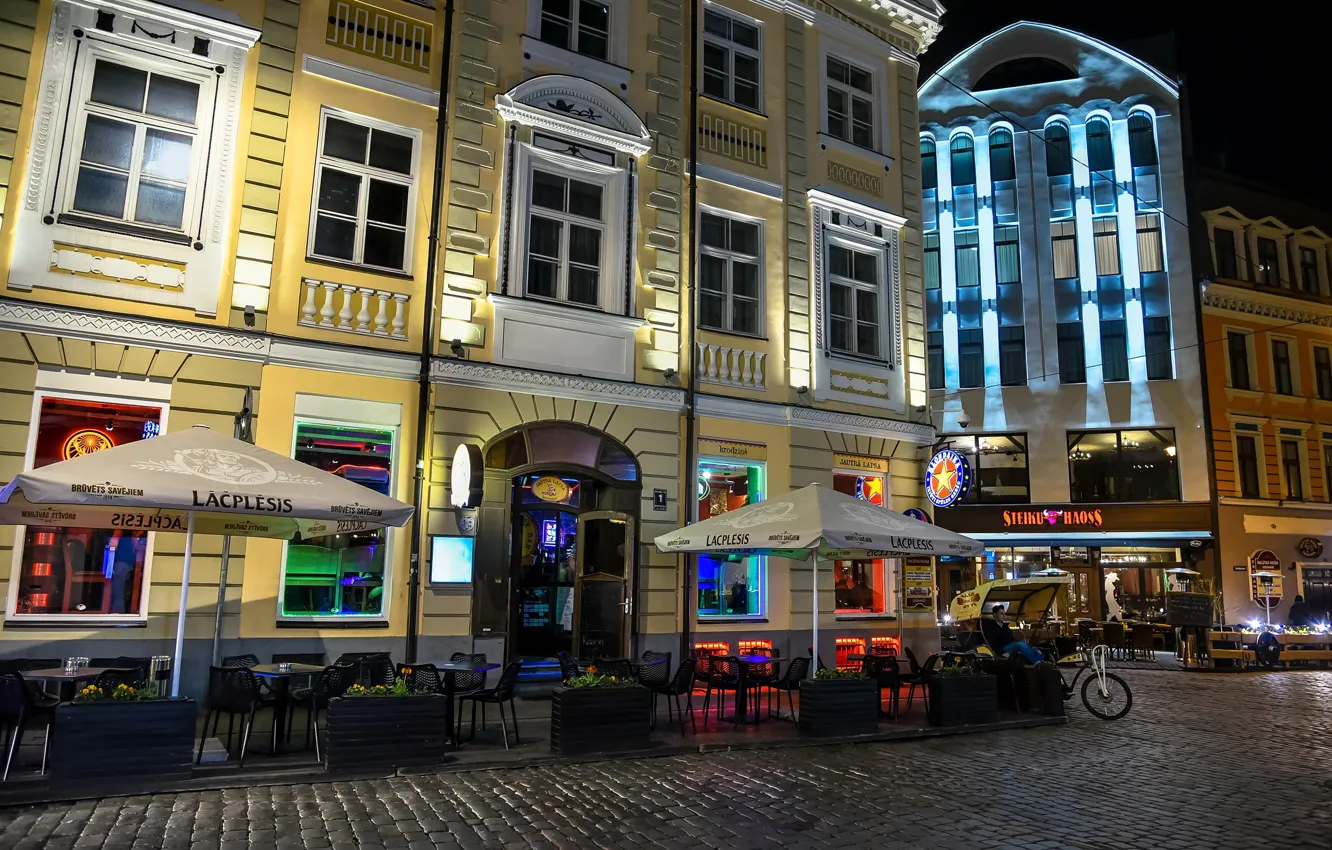 Photo wallpaper night, lights, street, home, lights, chair, bridge, table