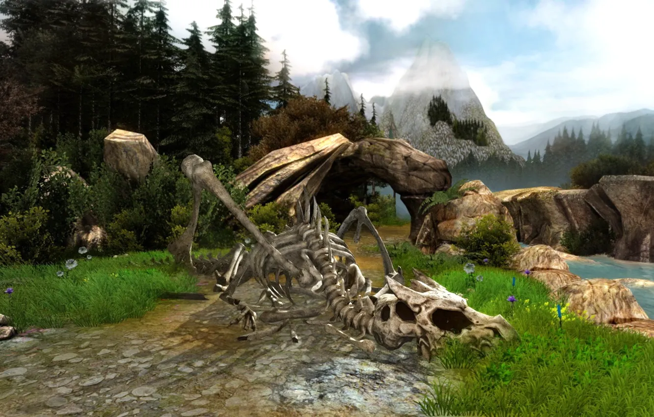 Photo wallpaper forest, flowers, mountains, river, death, dragon, bones, forest