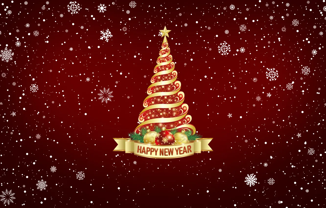 Photo wallpaper snow, snowflakes, red, background, mood, holiday, tree, new year