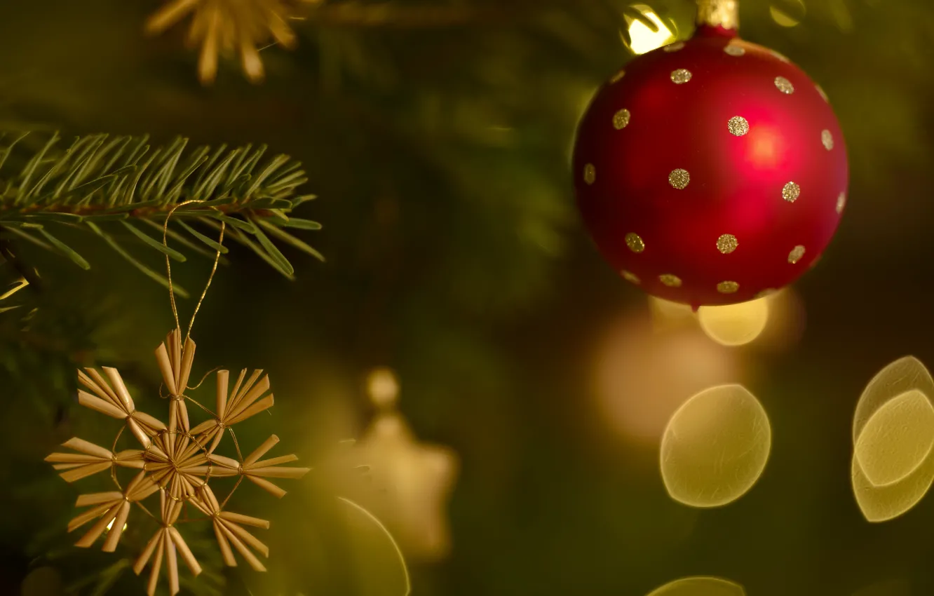 Photo wallpaper balls, snowflakes, glare, new year, Christmas