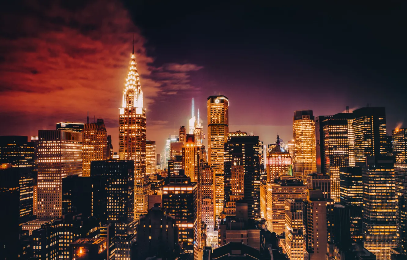 Photo wallpaper lights, New York, skyscrapers, twilight, Manhattan, Chrysler Building, United States