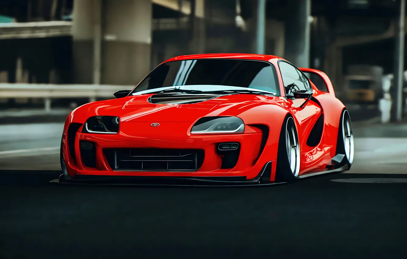 Photo wallpaper Toyota, cars, Toyota Supra, Widebody, Aftermarket, AI Art, Red cars, Toyota Supra Mk4