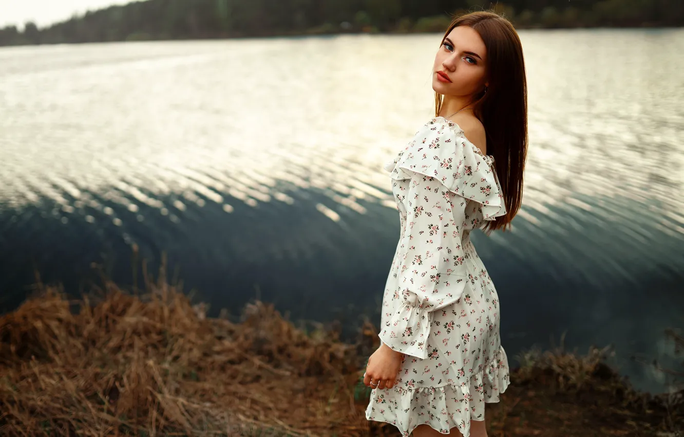Photo wallpaper forest, look, girl, nature, face, pose, hat, dress