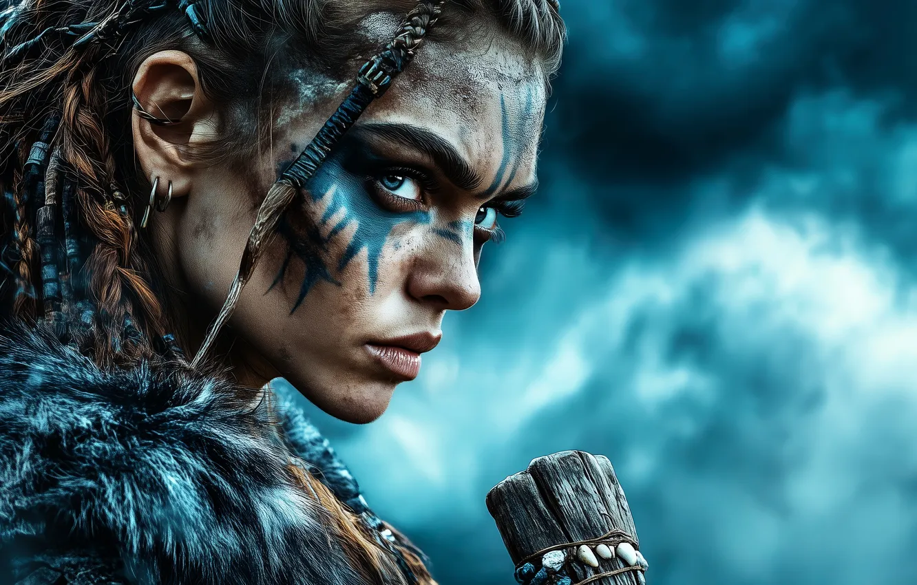 Photo wallpaper the sky, look, girl, clouds, dirt, fantasy, braids, fur