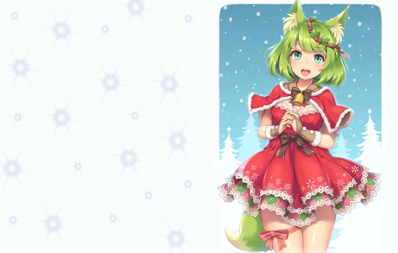 Photo wallpaper anime, art, New year, maiden, Fox, bell, bow, wreath