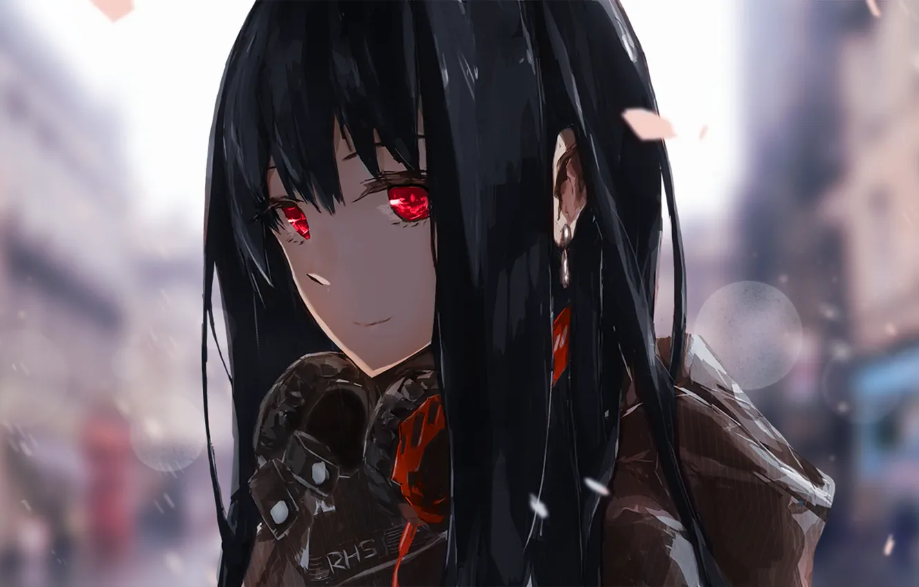 Photo wallpaper look, girl, snow, the city, smile, red eyes, art, assassinwarrior