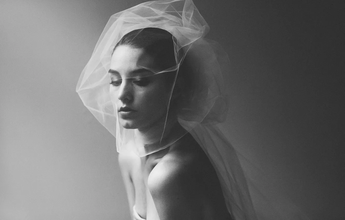 Photo wallpaper girl, black and white, veil