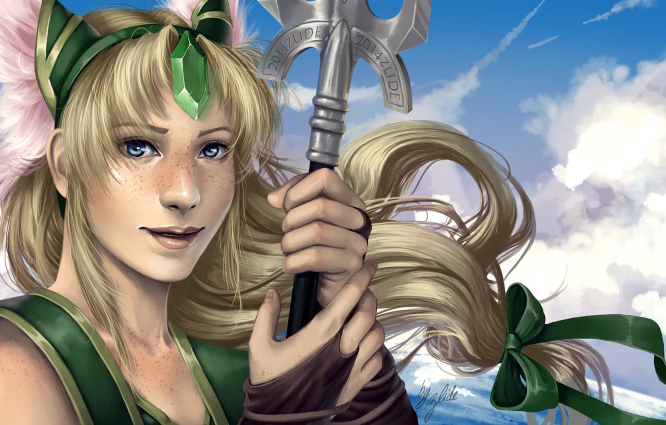Photo wallpaper look, girl, smile, weapons, fiction, hair, art, freckles