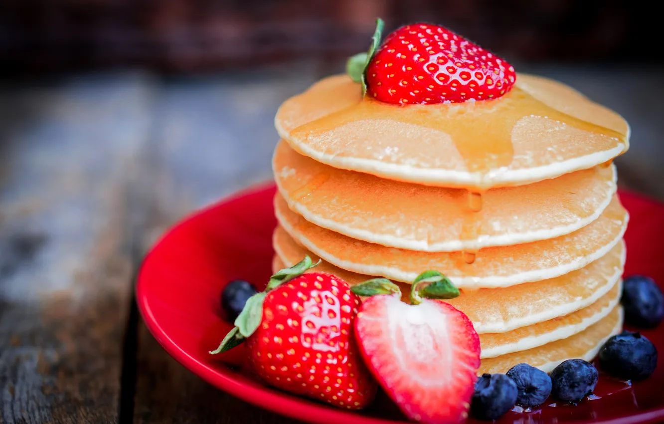 Photo wallpaper berries, blueberries, strawberry, honey, pancakes