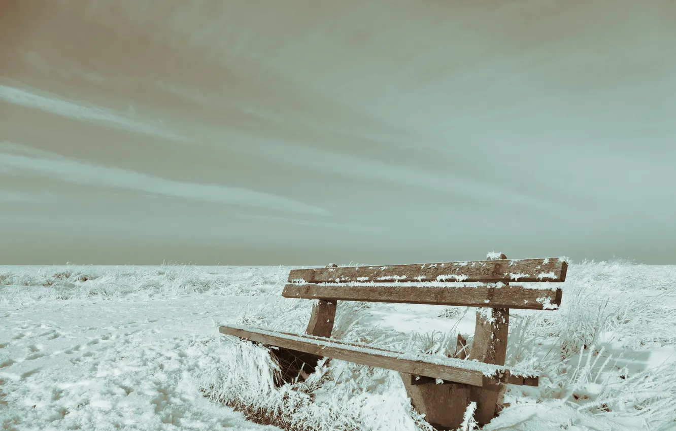 Photo wallpaper winter, snow, bench