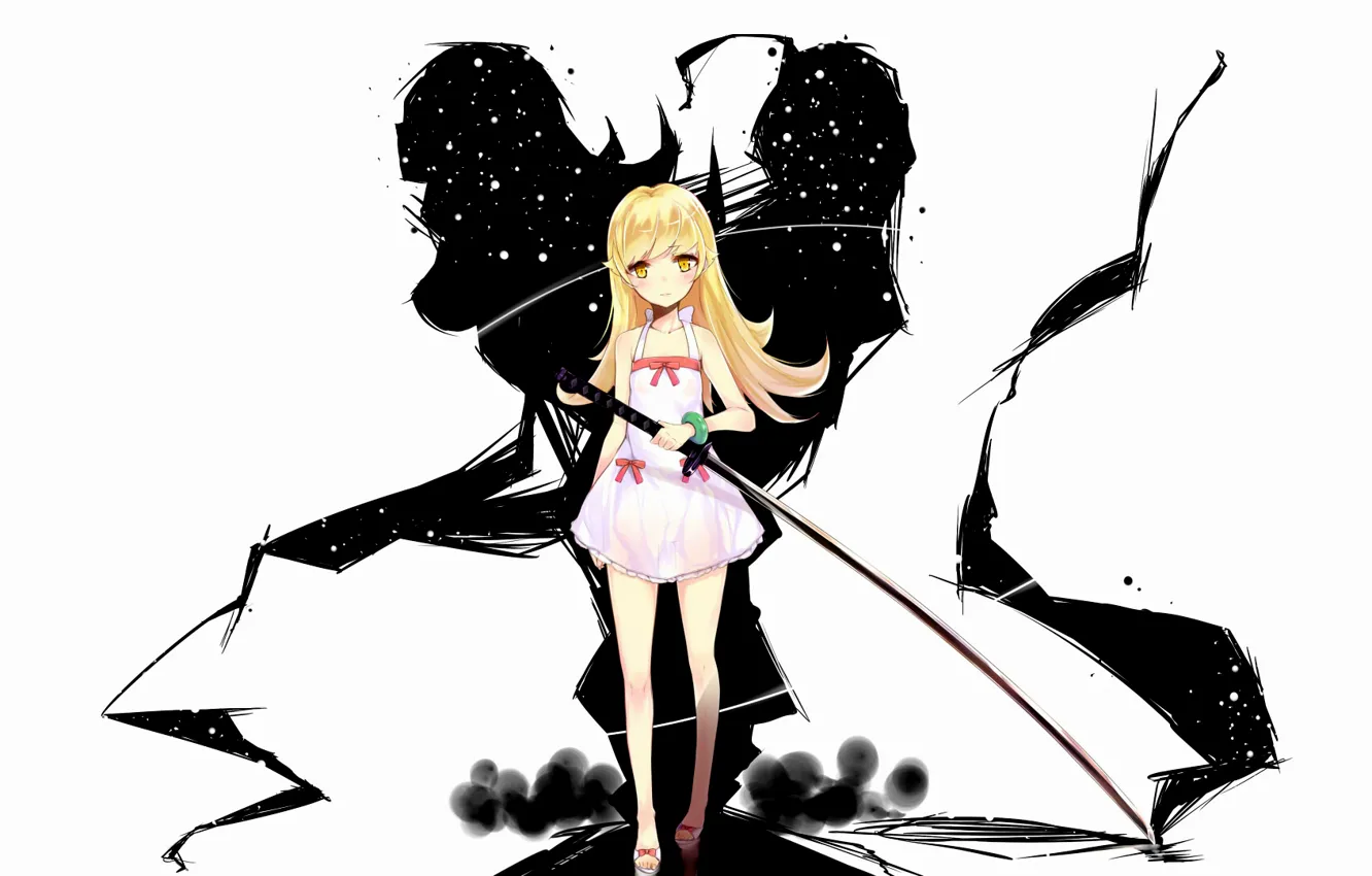 Photo wallpaper weapons, sword, long hair, bakemonogatari, oshino shinobu, yellow eyes, nisemonogatari