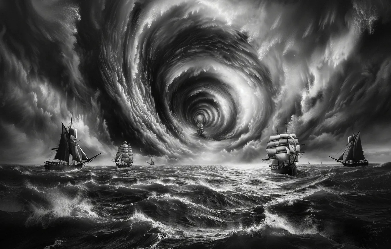 Photo wallpaper Sea, Wave, Clouds, Sailboats, Ships, The portal, Digital art, Black and white