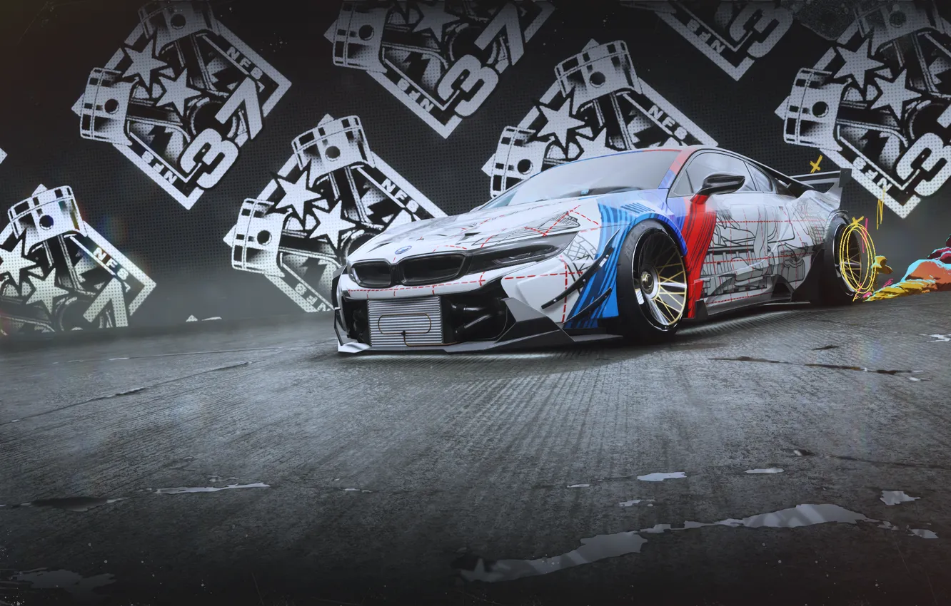 Photo wallpaper car, BMW, graffiti, art, asphalt