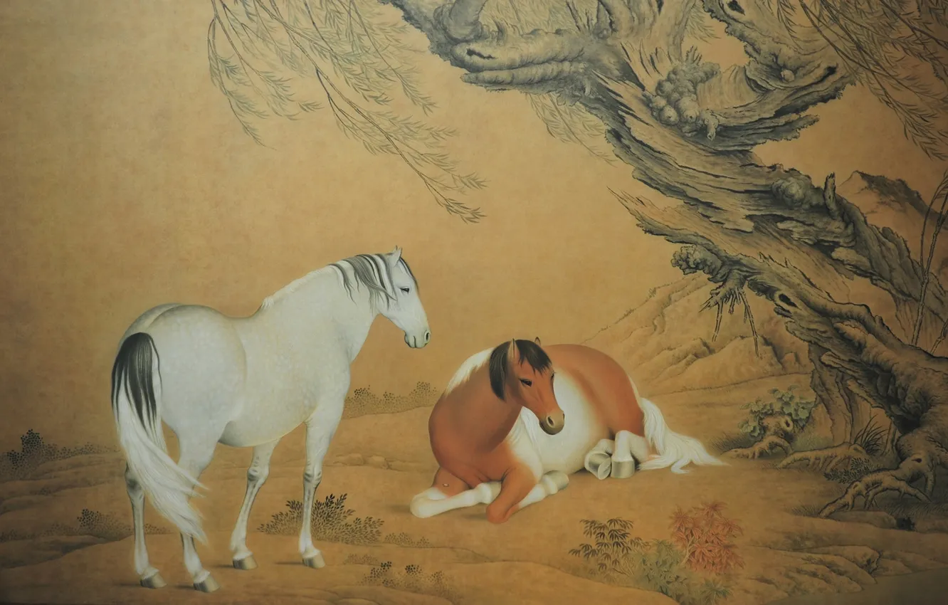 Photo wallpaper trees, nature, horse, picture, pair, yellow background, nature, wood