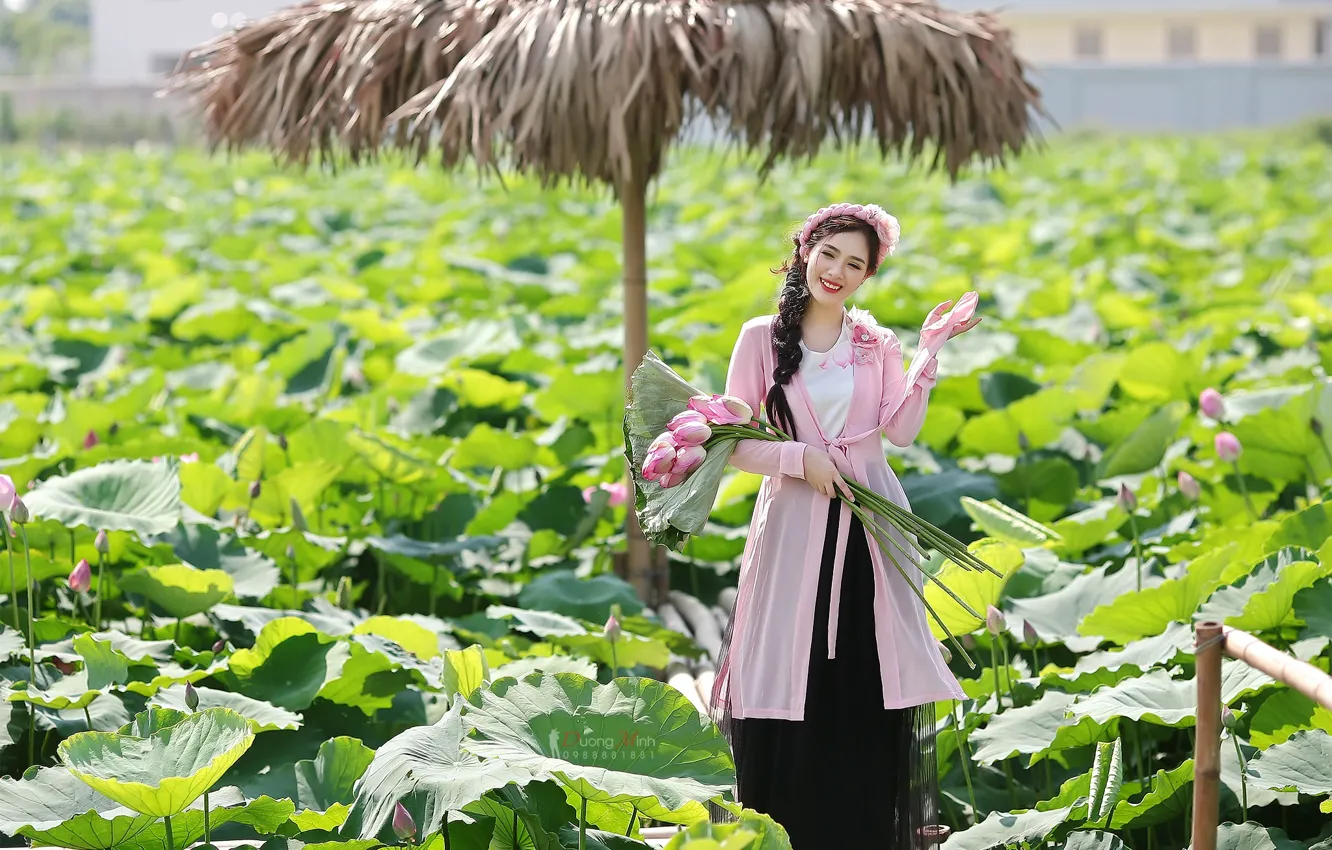 Photo wallpaper girl, nature, Lotus