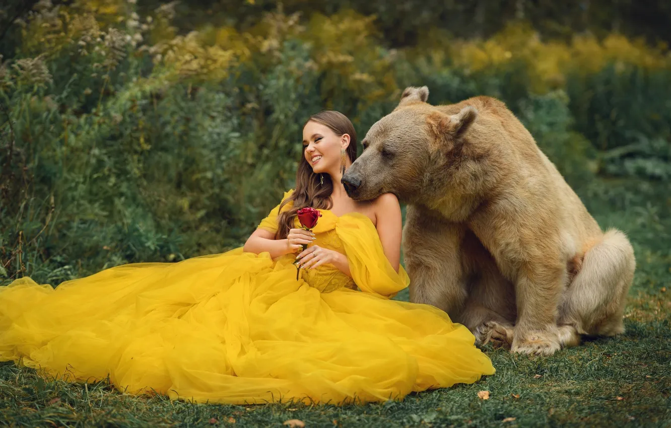 Photo wallpaper girl, nature, pose, style, roses, laughter, bear, costume